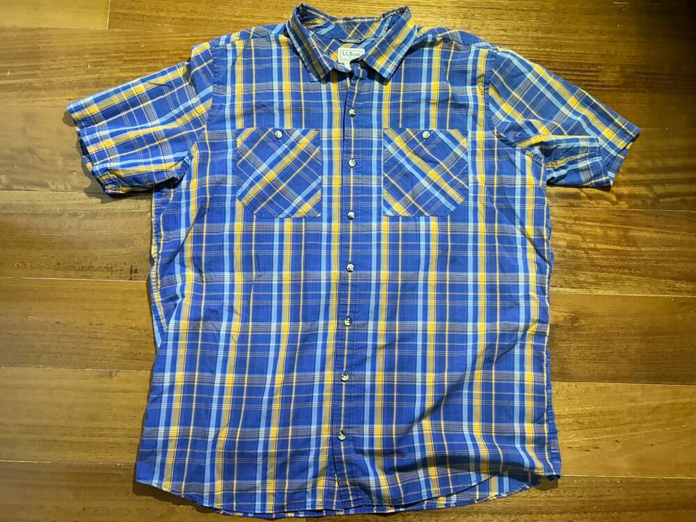 Men’s L.L. Bean XL Tall Organic Cotton Plaid Short Sleeve Shirt - Blue & Yellow